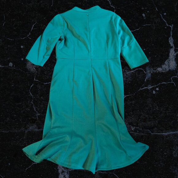 Chic Teal Retro Fit + Flare Midi Dress Keyhole Modest Elegant Comfortable Size L - Picture 3 of 10
